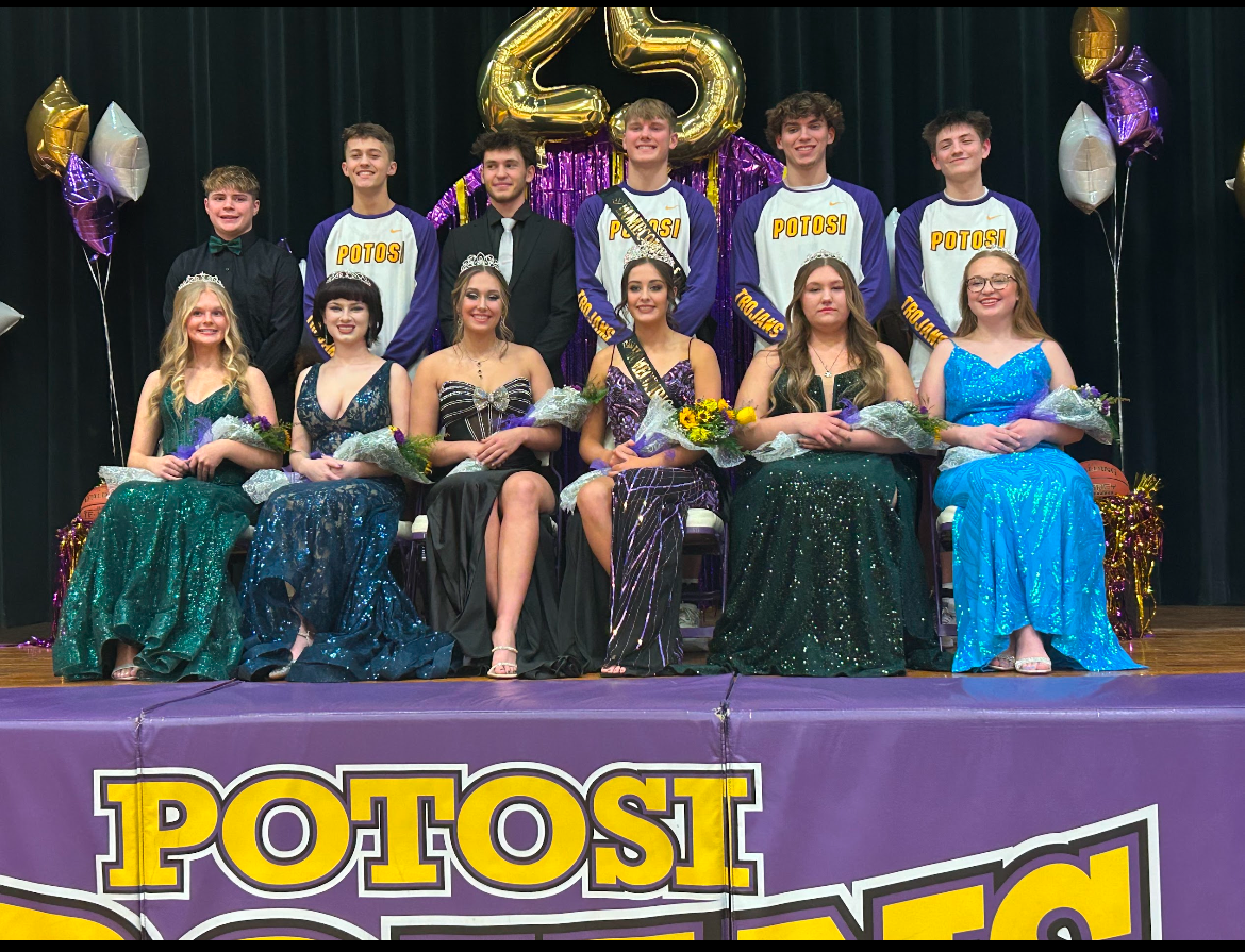 From left to right: Jake Phares escorting freshman maid Paige Robart, Ayden Ricketts escorting Junior maid Macy Saunders, retiring king Gabe Brawley escorting retiring queen Paige West, King Carter Whitley escorting queen Aubree Wilson, Ej Sansegraw escorting senior maid Jessa Pashia, Vinny Schrum escorting sophomore maid Lucy Degonia.